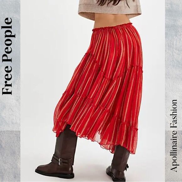 Free People Ember printed Fire Red A-Line MIDI Skirt in Medium NWOT - Picture 4 of 7